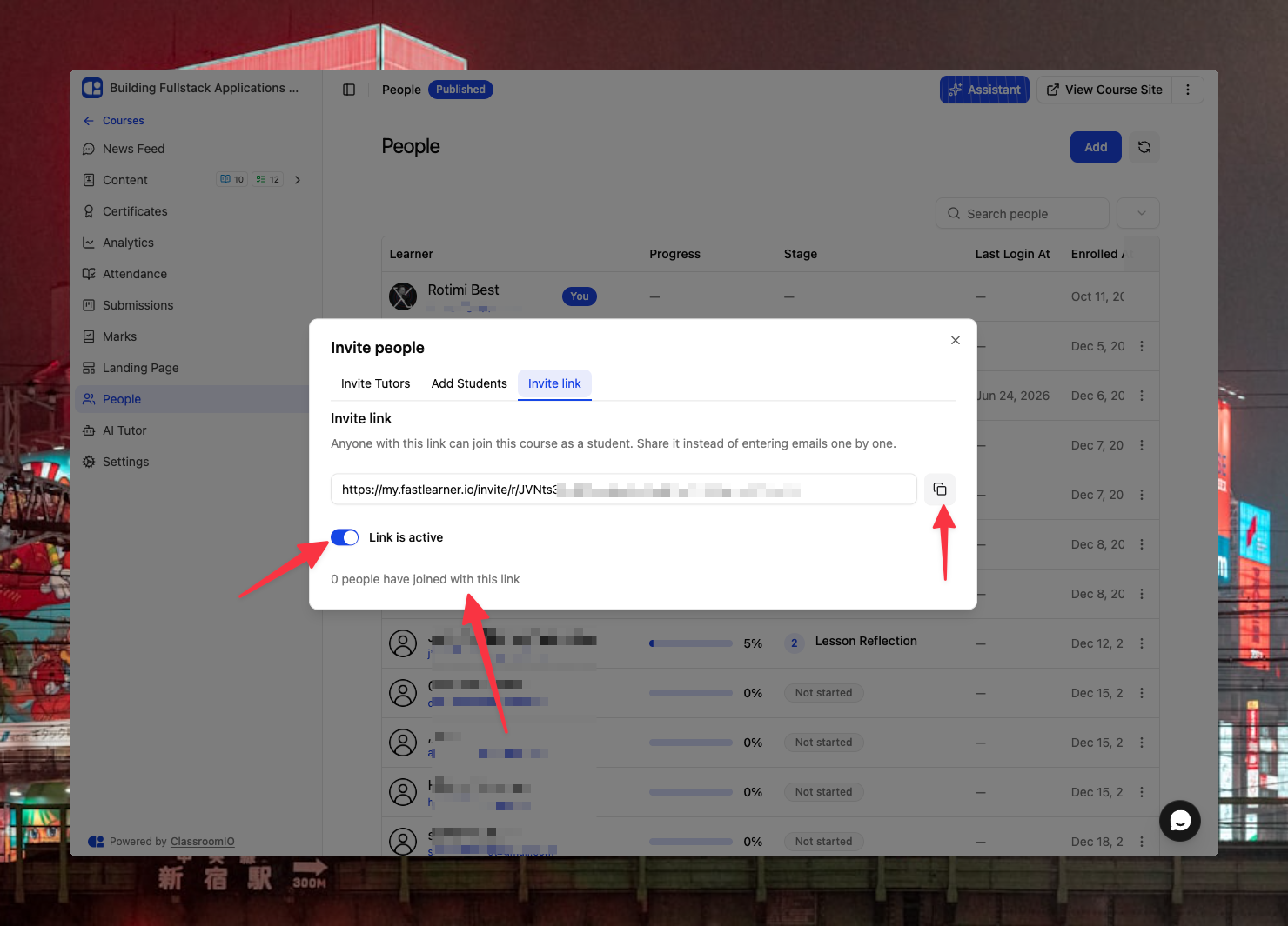 Invite link tracking and disable toggle