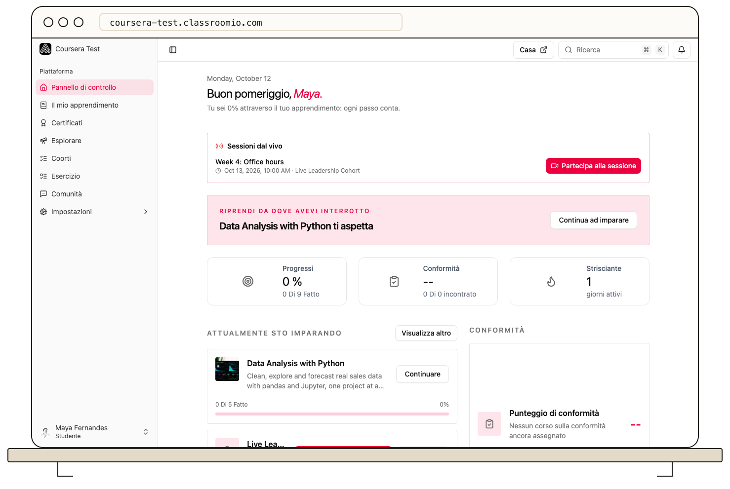 The student dashboard in Italian
