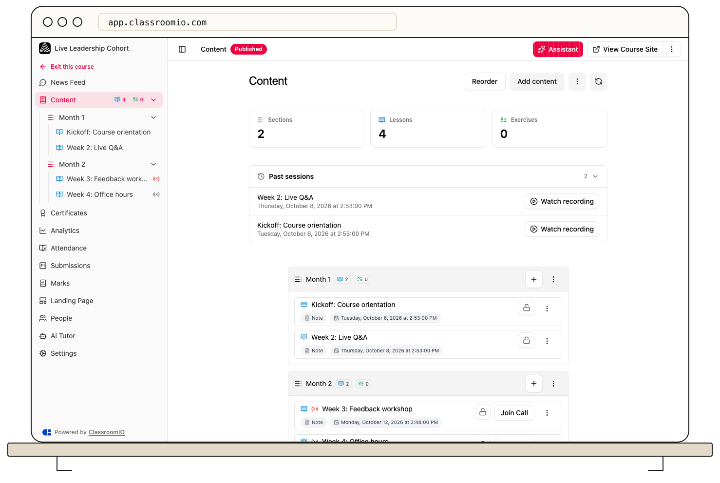 A live class course's content page with the Past sessions list open and Watch recording on each session, and red (live) and grey (upcoming) live icons in the sidebar