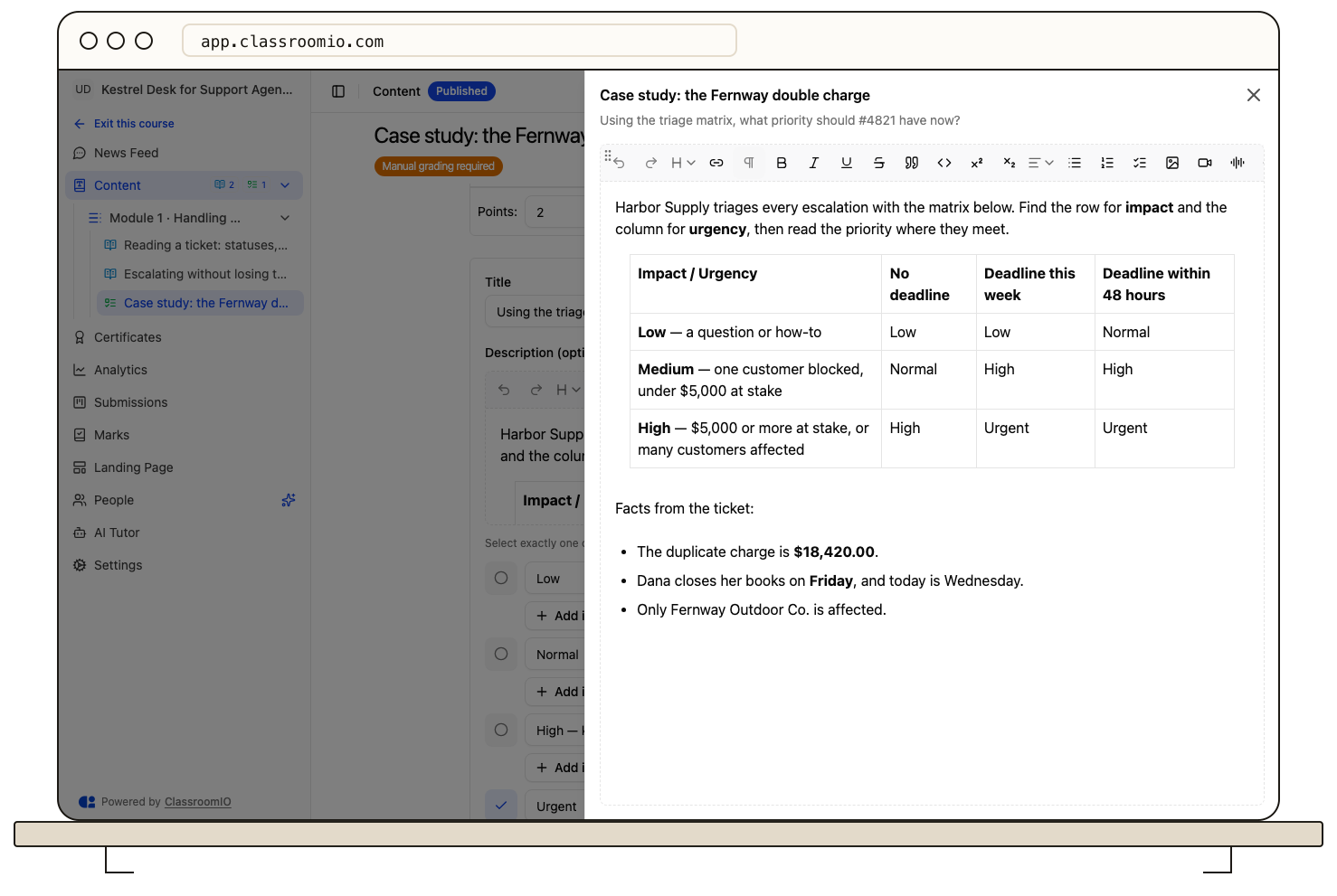 The expanded question description editor with a formatted table and list