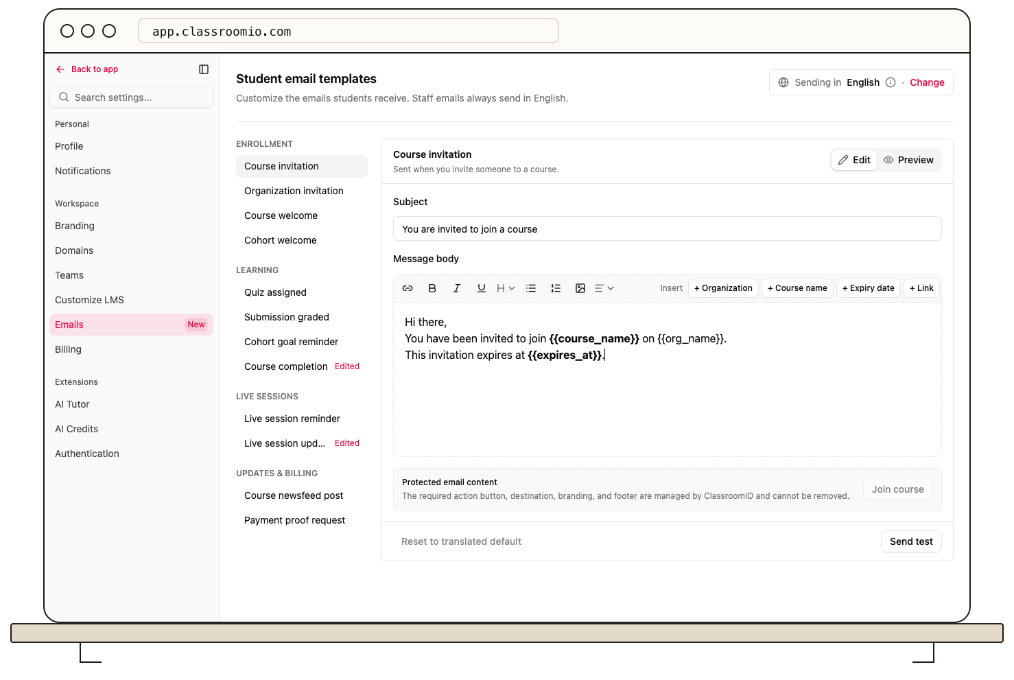 Settings > Emails with the Course invitation email open, the Insert placeholder buttons and Send test