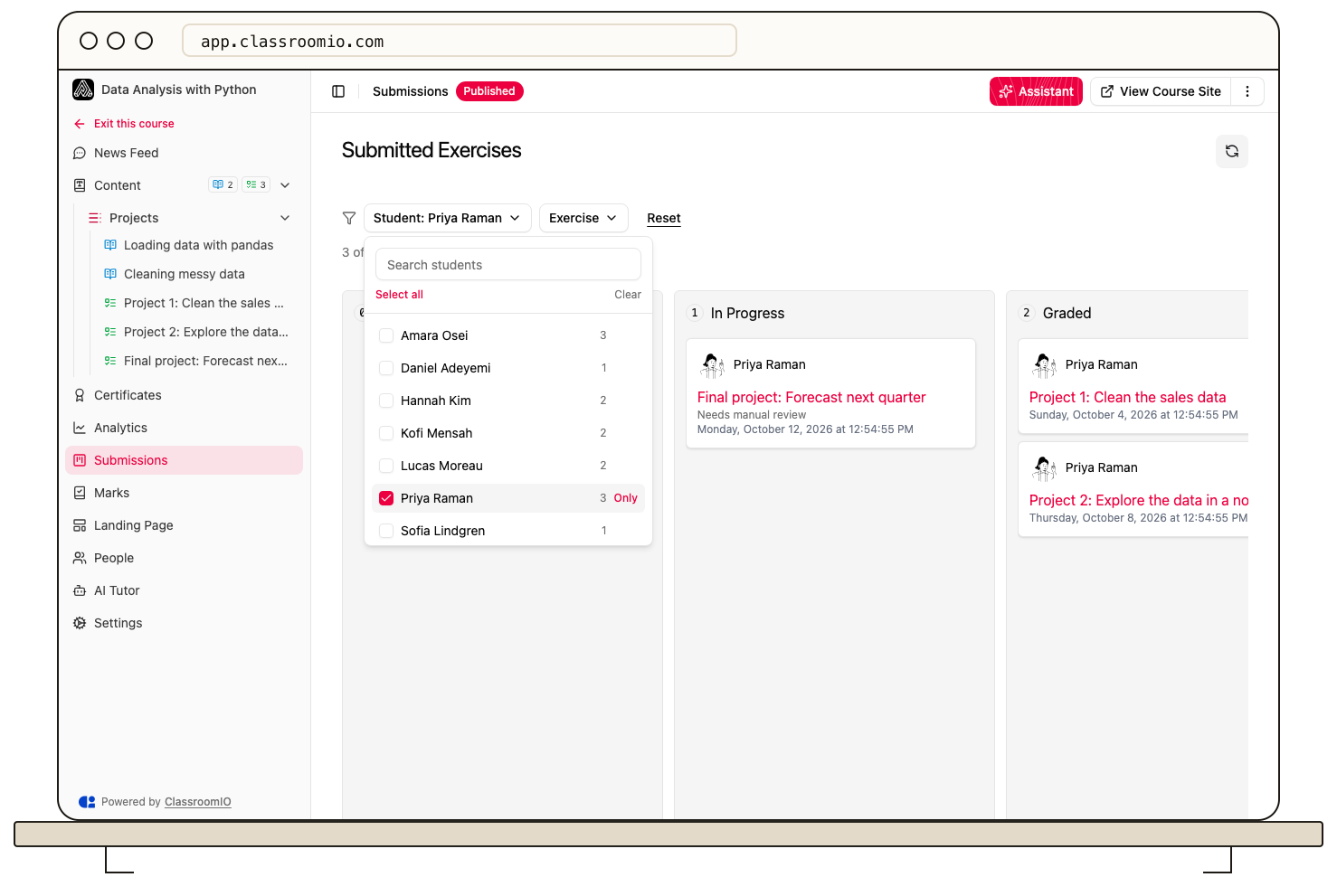 The course Submissions page filtered to one student, with the Student filter open