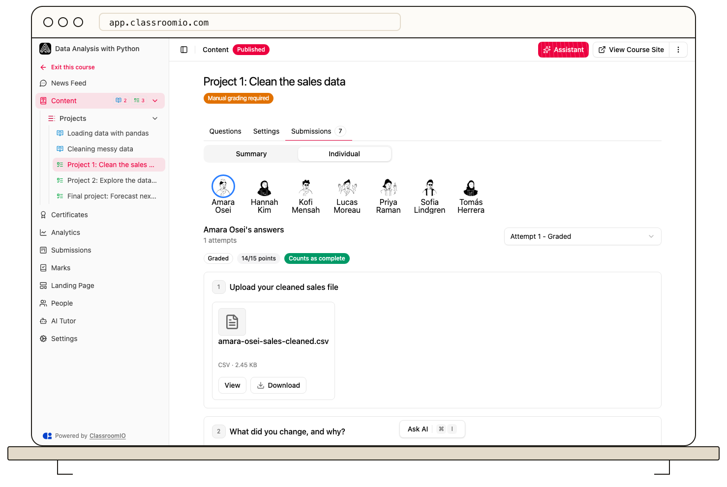 An exercise's Individual tab showing a student's submitted file with View and Download buttons