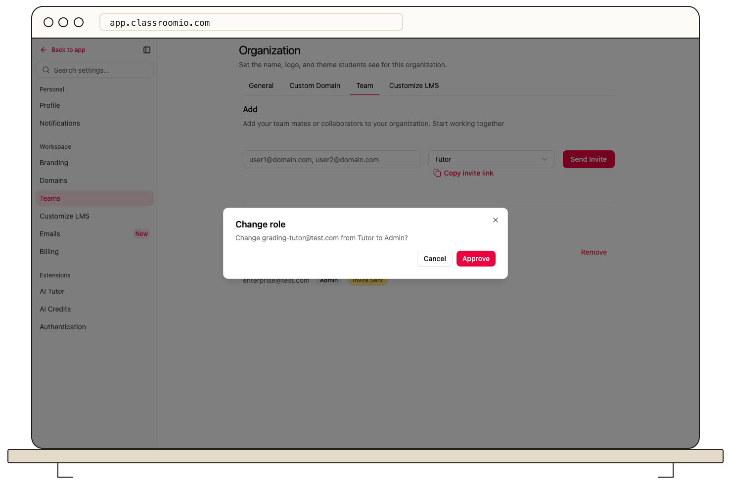 Settings > Teams with a teammate's role select and the Change role confirmation dialog